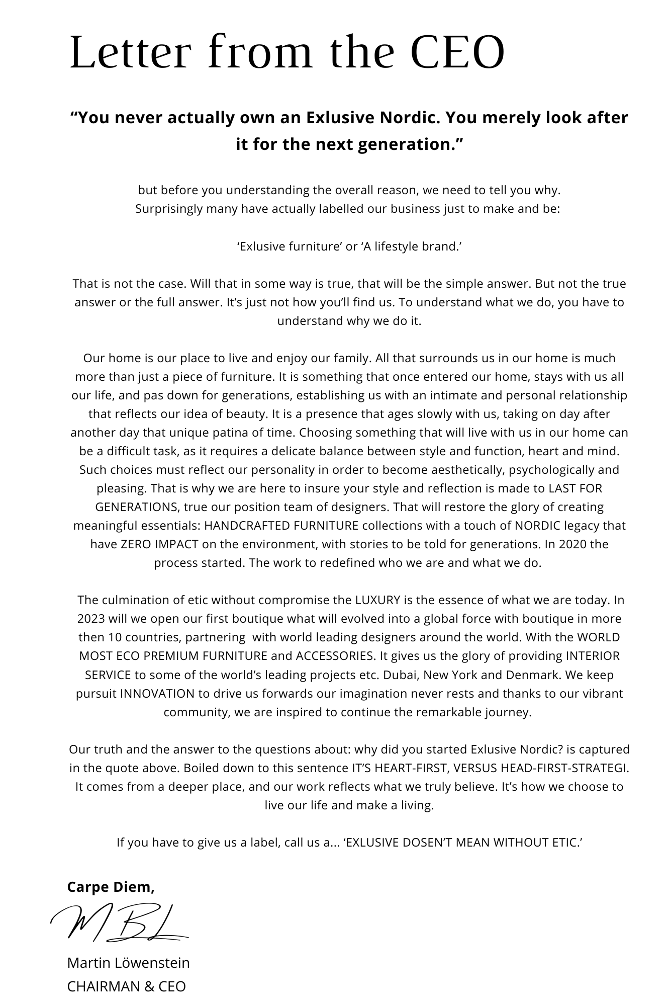 Letter from the CEO of Exlusive Nordic